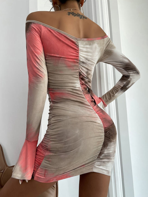 Tie Dye Off Shoulder Ruched Bodycon Dress