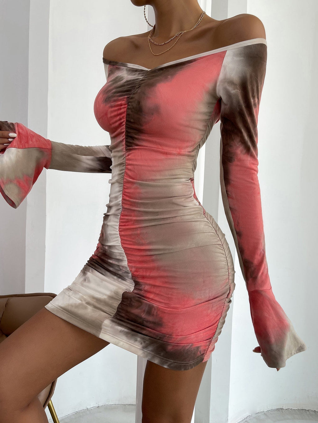 Tie Dye Off Shoulder Ruched Bodycon Dress XD21