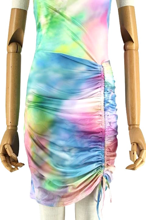 Tie Dye Ruched Drawstring Mini Dress XD21