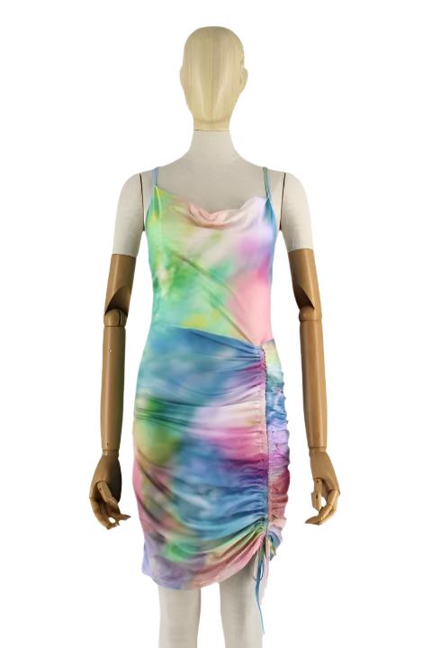 Tie Dye Ruched Drawstring Mini Dress XD21