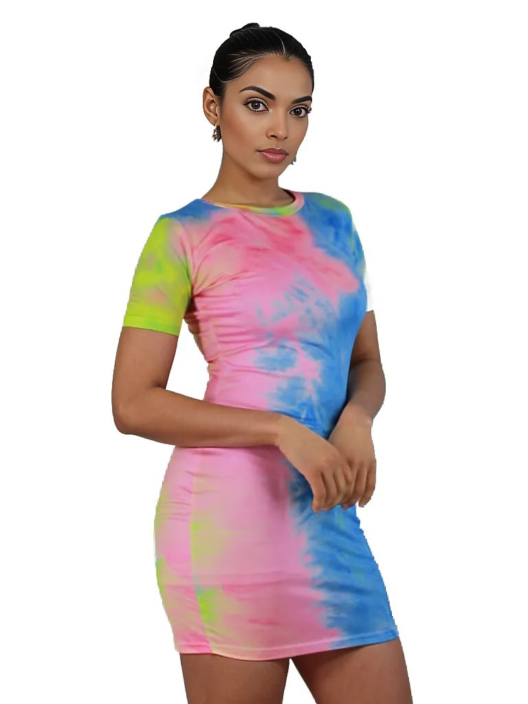 Tie Dye Short Sleeve Bodycon Mini Dress XD21