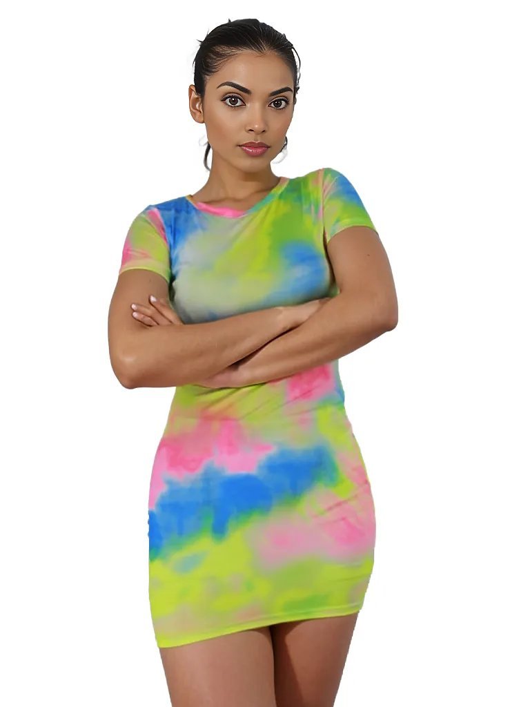 Tie Dye Short Sleeve Bodycon Mini Dress XD21