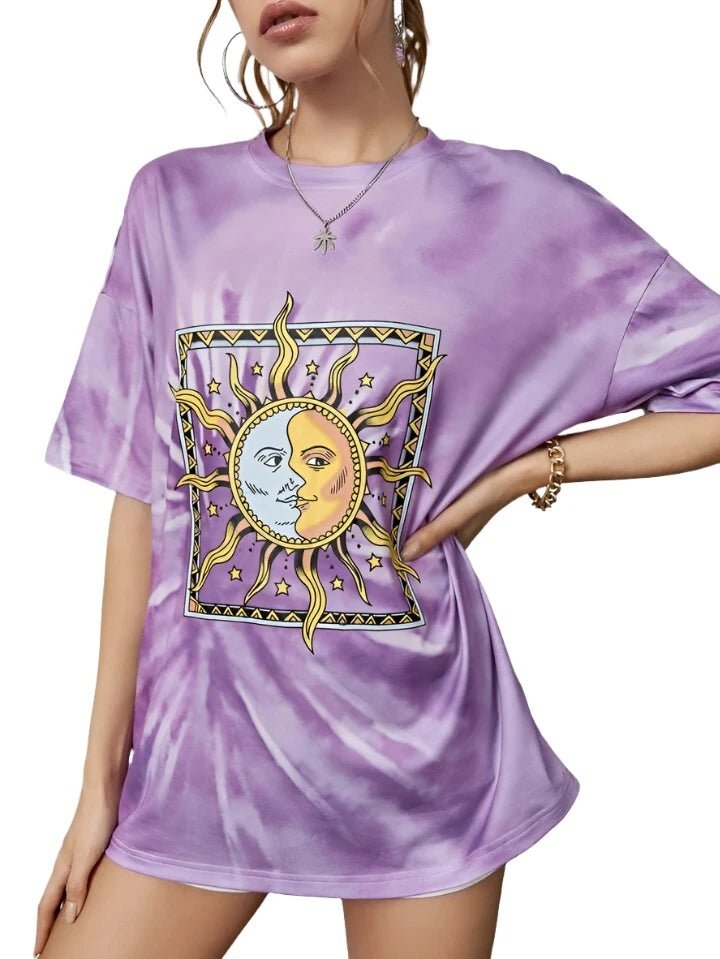Tie Dye & Sun & Moon Print Drop Shoulder T-Shirt XD21