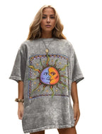 Tie Dye & Sun & Moon Print Drop Shoulder T-Shirt XD21
