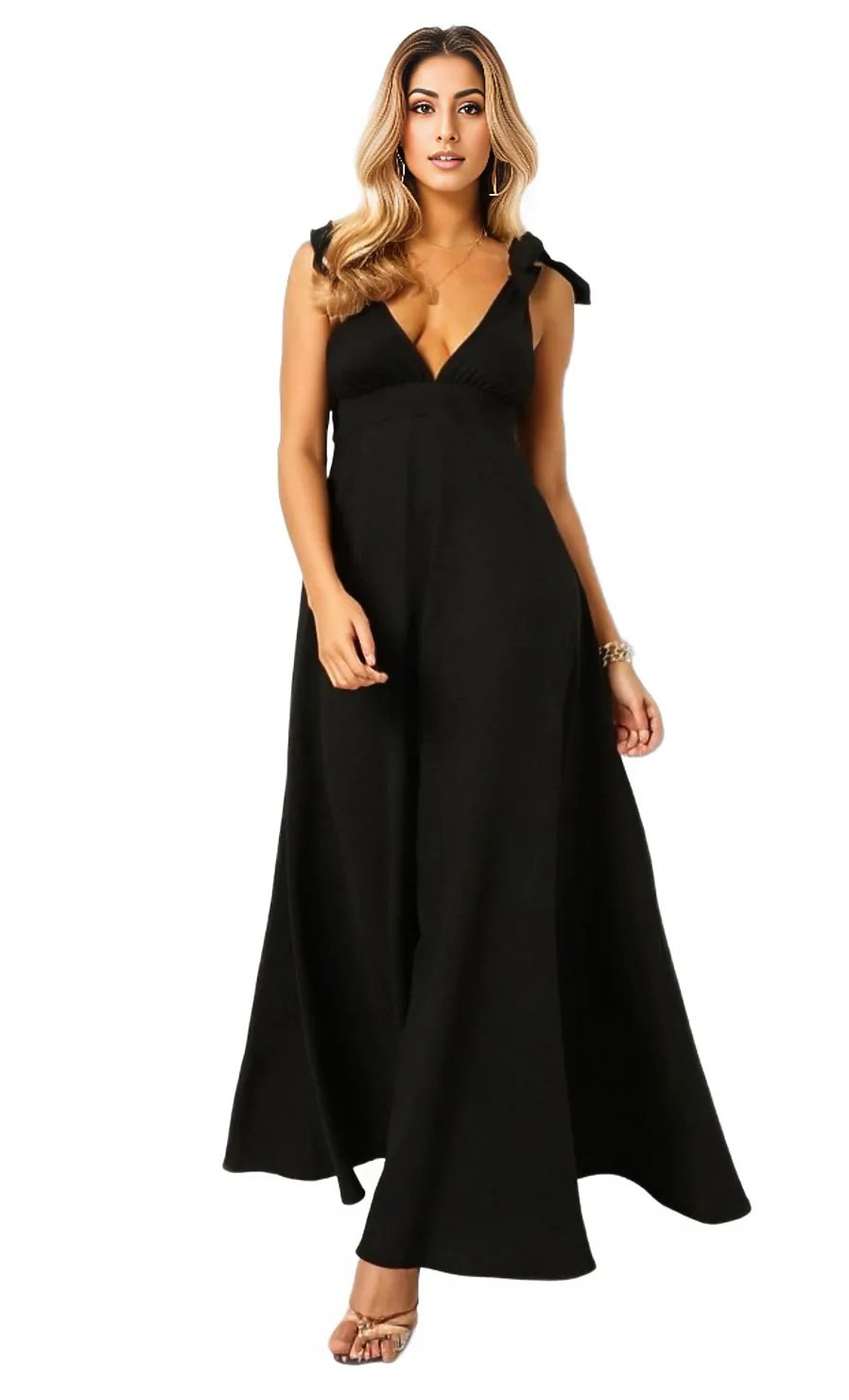 Tie Strap Deep V Neck Maxi Dress
