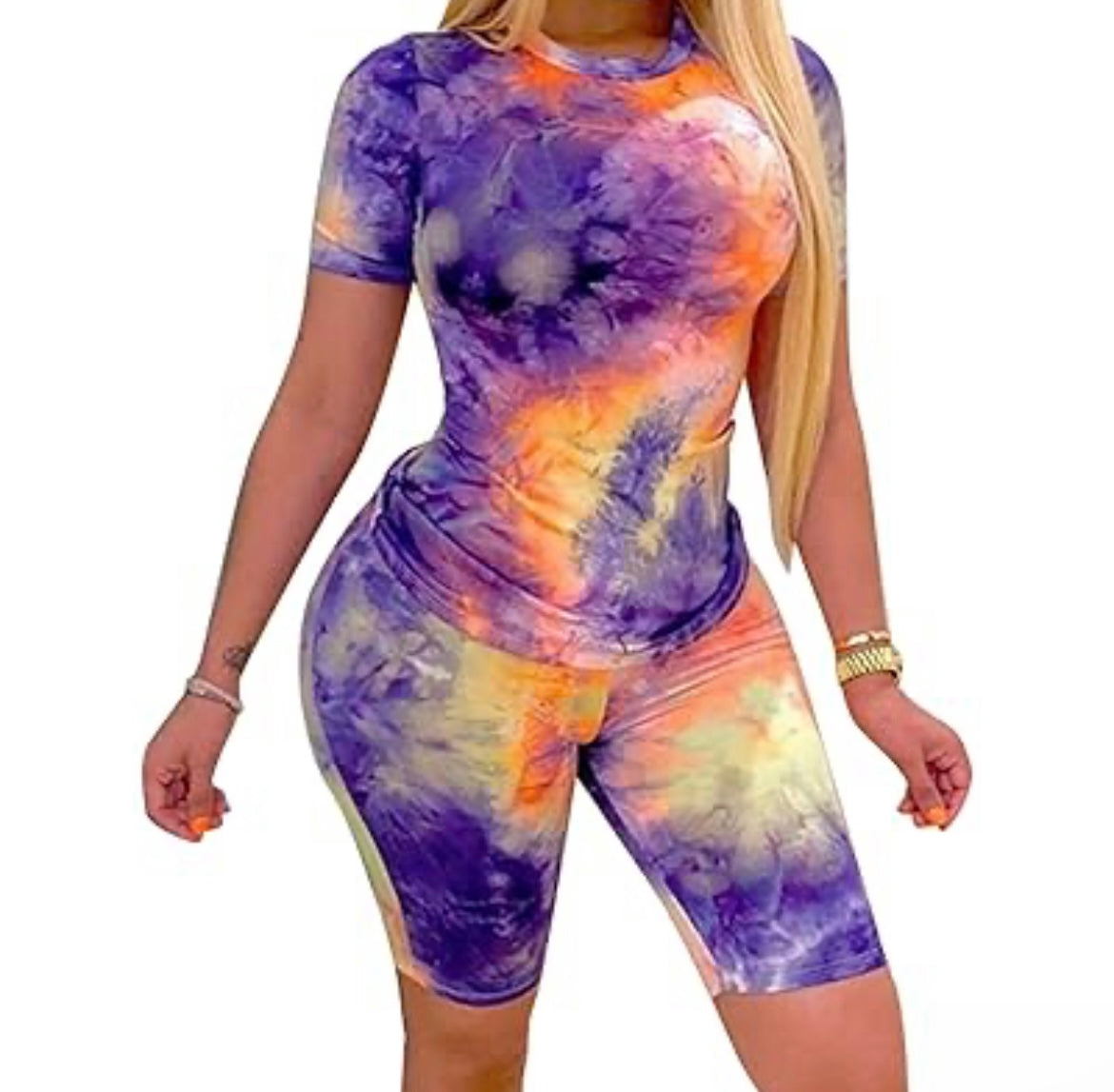 Tie-dye Lace up Backless Top Tight Shorts Set XD21