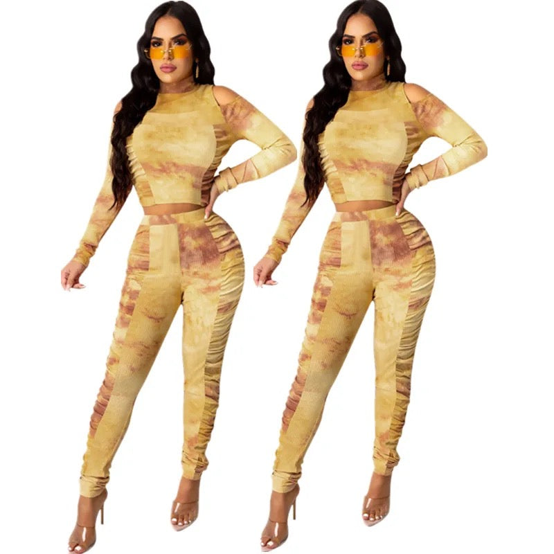 Tie dye two piece pants set ruched XD21