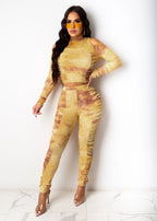 Tie dye two piece pants set ruched XD21
