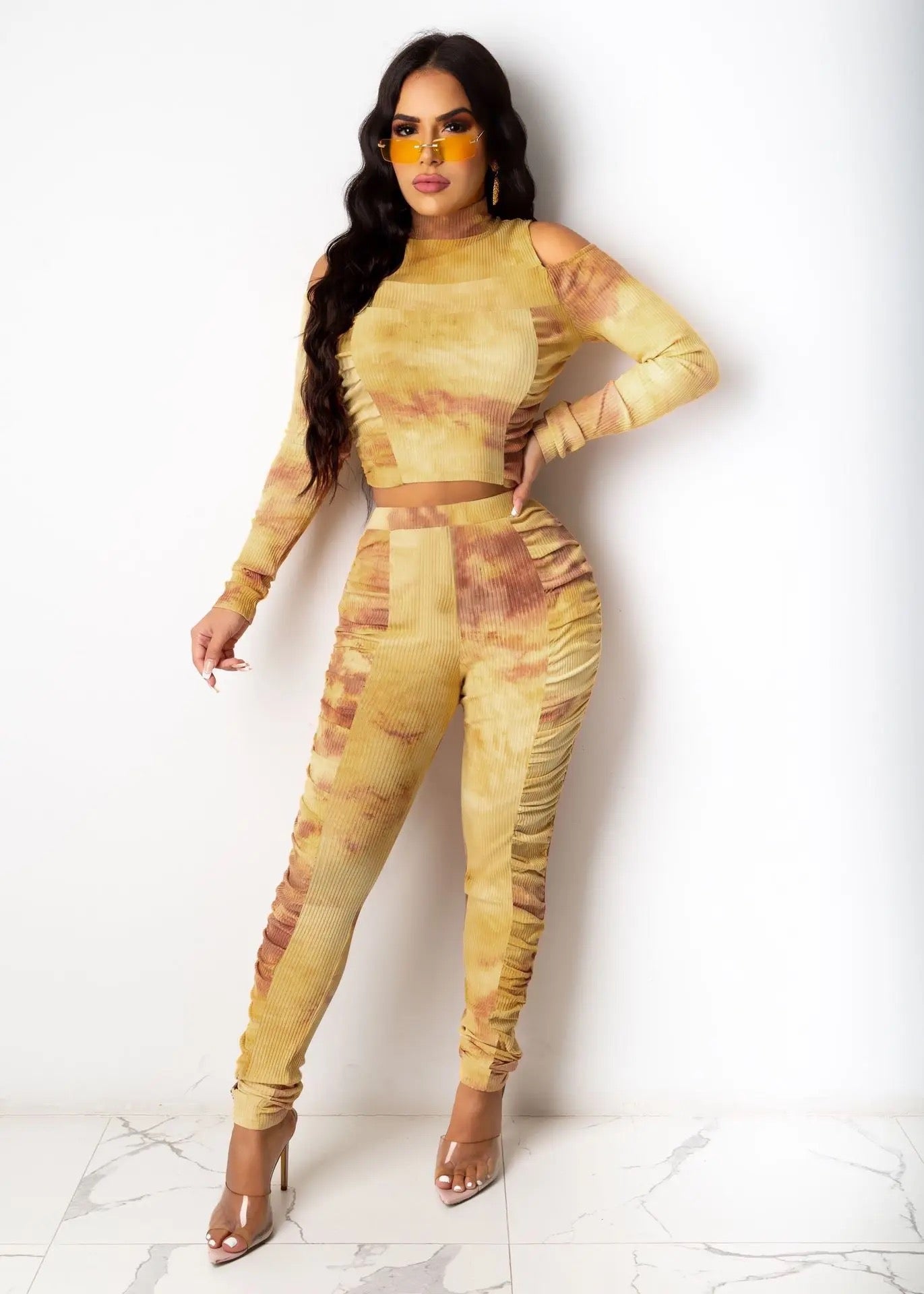 Tie dye two piece pants set ruched XD21