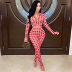 Trousers Suit Plaid Long Sleeve V-neck T-shirt XD21