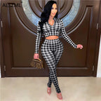 Trousers Suit Plaid Long Sleeve V-neck T-shirt XD21