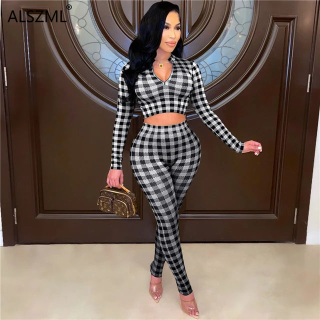 Trousers Suit Plaid Long Sleeve V-neck T-shirt XD21