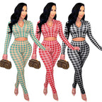 Trousers Suit Plaid Long Sleeve V-neck T-shirt XD21