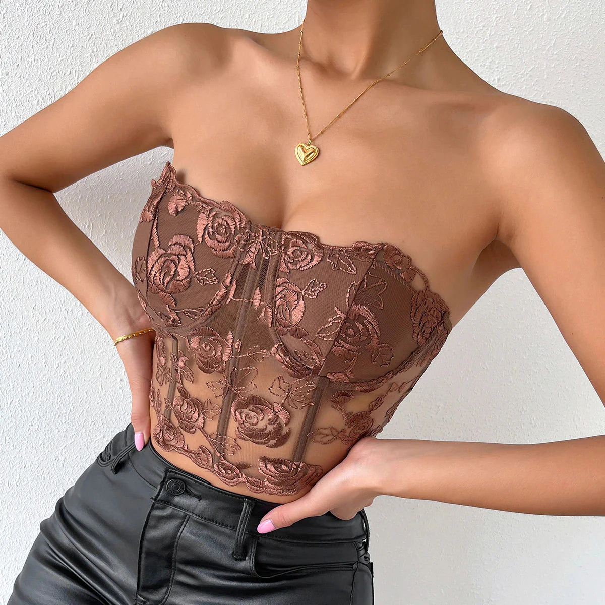 Tube Top Embroidery Flower See Through Off Shoulder Lingerie Top - XD21