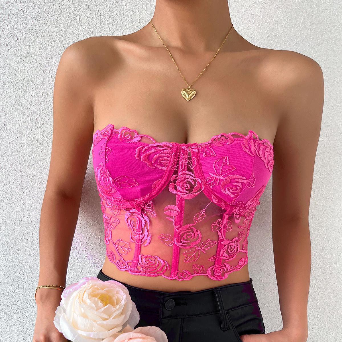 Tube Top Embroidery Flower See Through Off Shoulder Lingerie Top - XD21