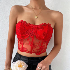 Tube Top Embroidery Flower See Through Off Shoulder Lingerie Top - XD21