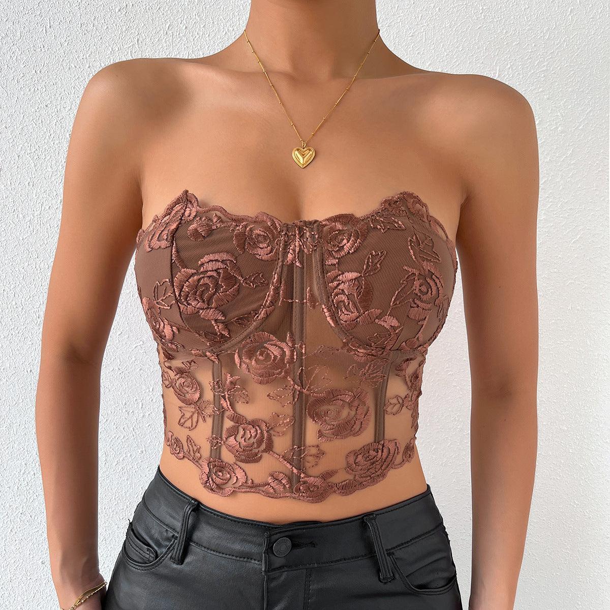 Tube Top Embroidery Flower See Through Off Shoulder Lingerie Top - XD21