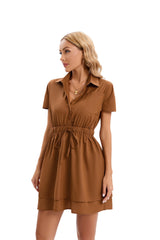 Turn Down Collar Mini Dress Drawstring Front