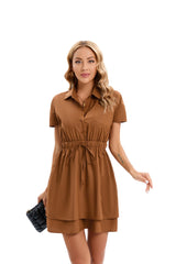 Turn Down Collar Mini Dress Drawstring Front