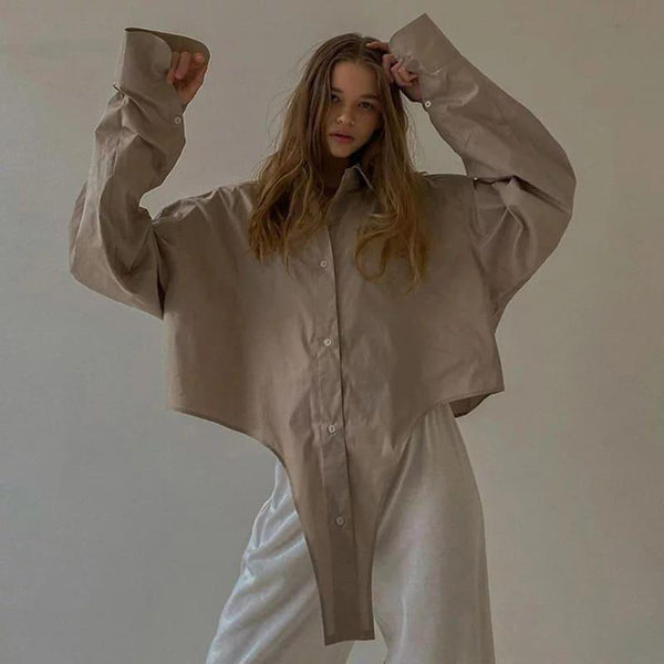 Turn Down Collar Asymetrical Women Blouse