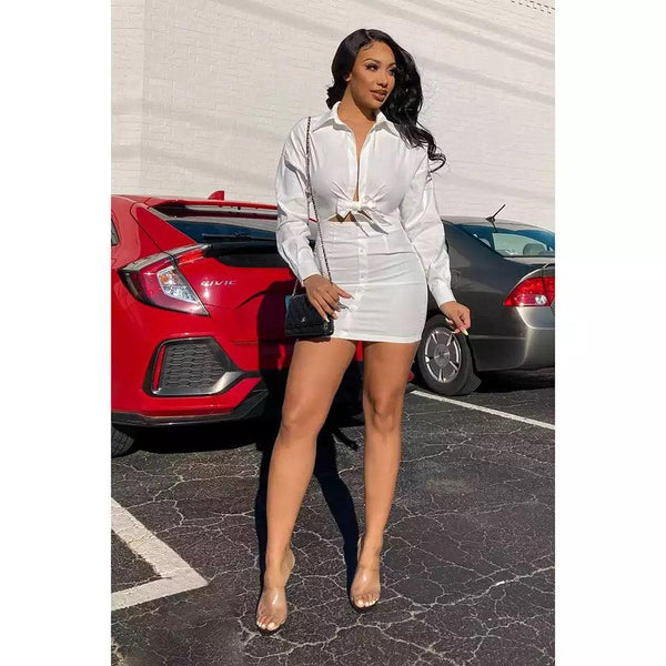 Off-White Turn-down Collar Blouse Mini Shirt Dress
