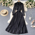 Turn-down Collar Puff Sleeve Midi Dress - XD21