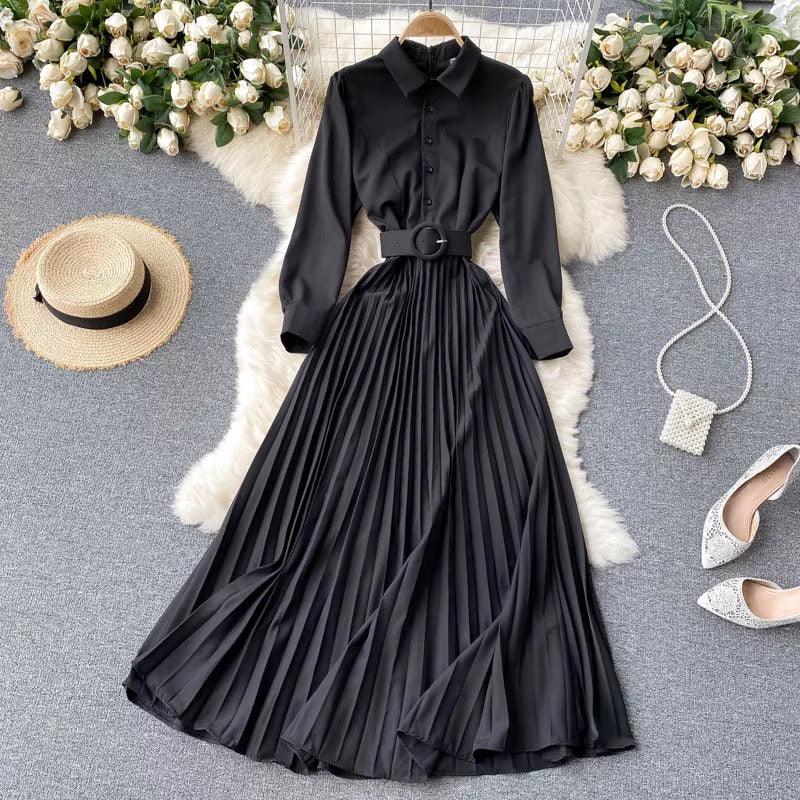 Turn-down Collar Puff Sleeve Midi Dress - XD21