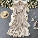 Turn-down Collar Puff Sleeve Midi Dress - XD21