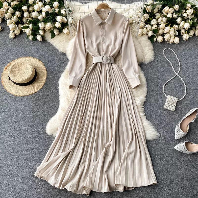 Turn-down Collar Puff Sleeve Midi Dress - XD21