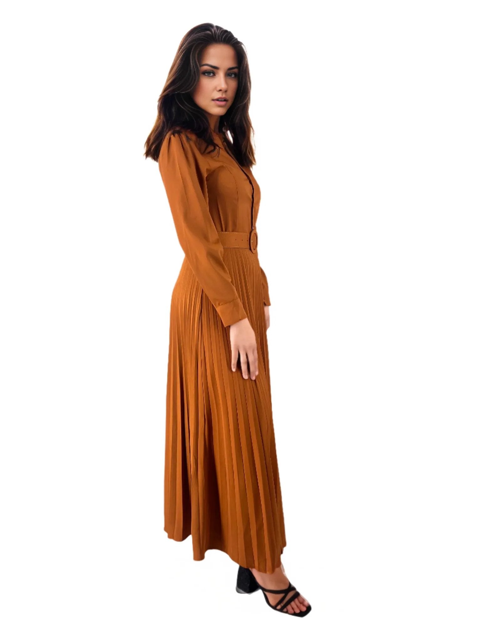 Turn-down Collar Puff Sleeve Midi Dress XD21