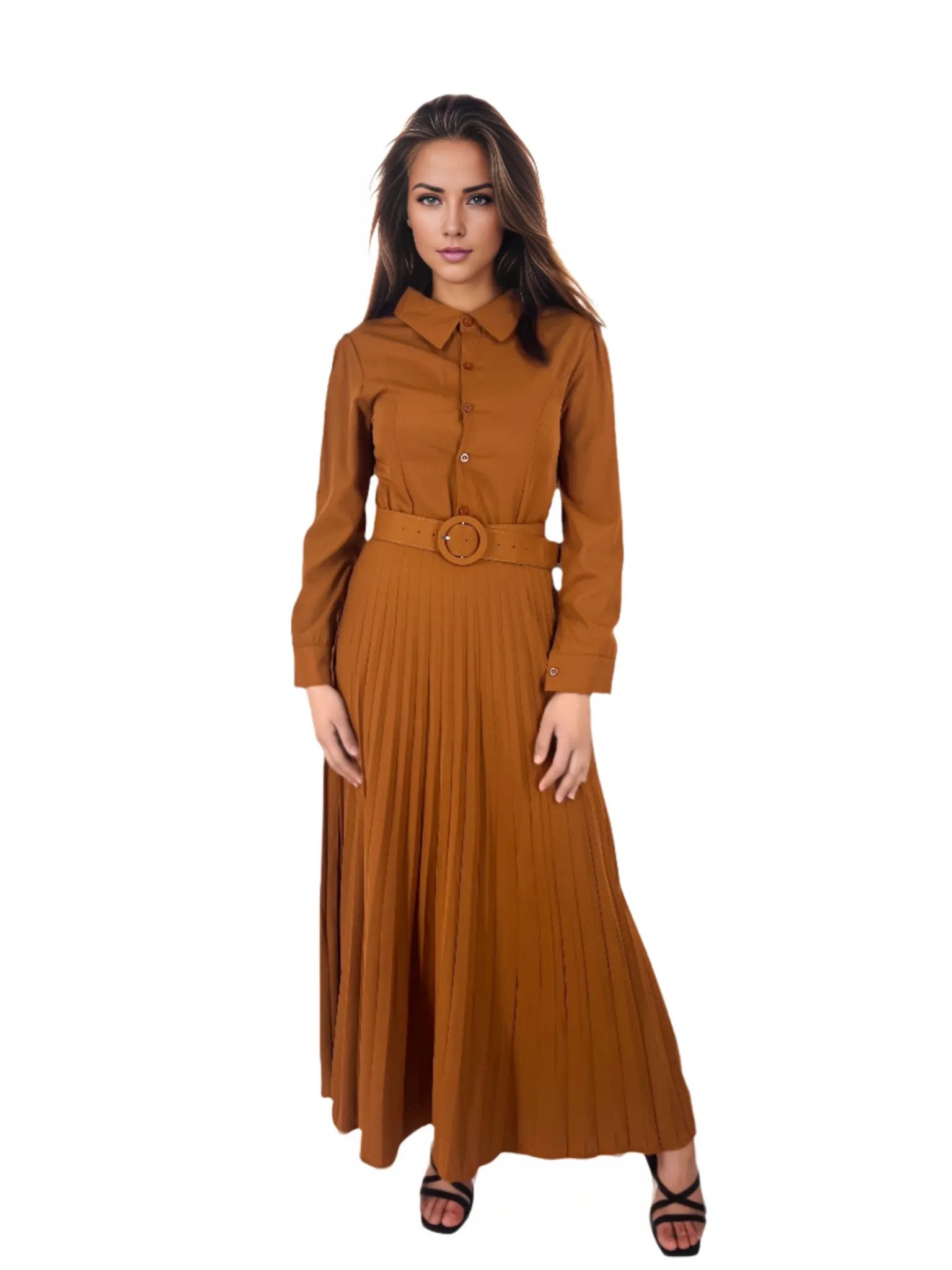 Turn-down Collar Puff Sleeve Midi Dress XD21