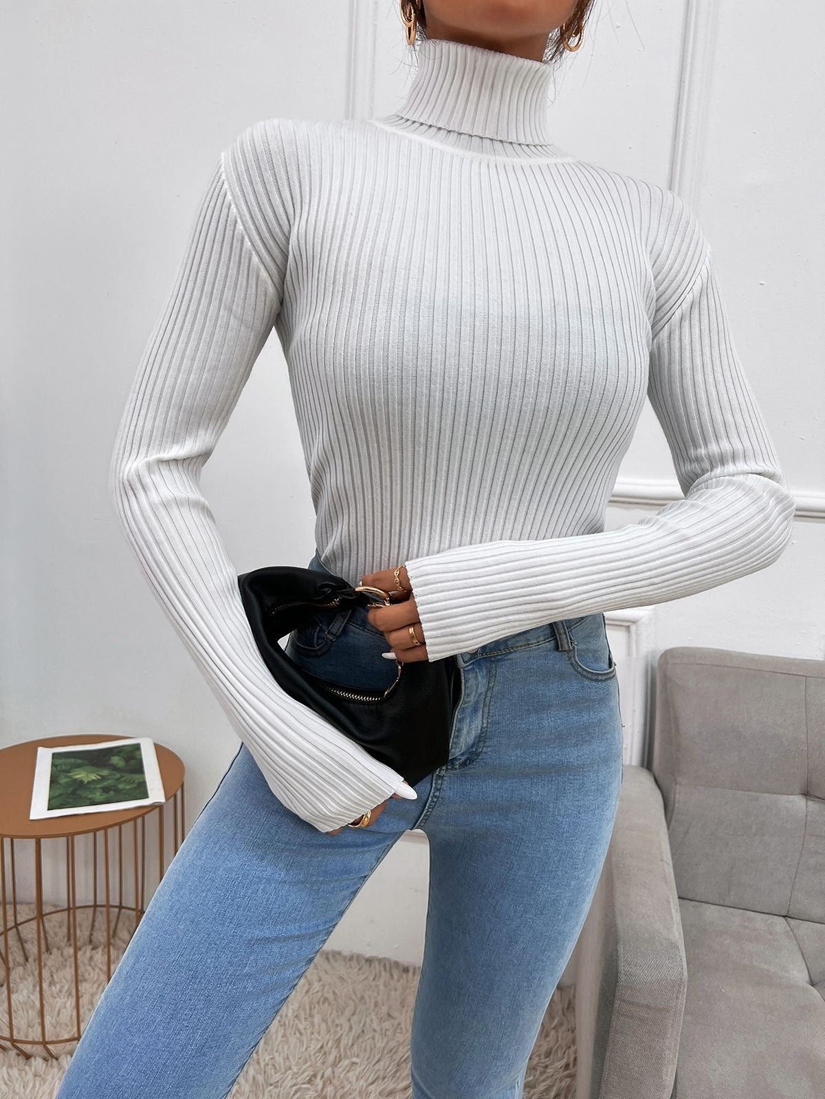 Turtleneck Ribbed Knit Sweater Pullover Jersey XD21