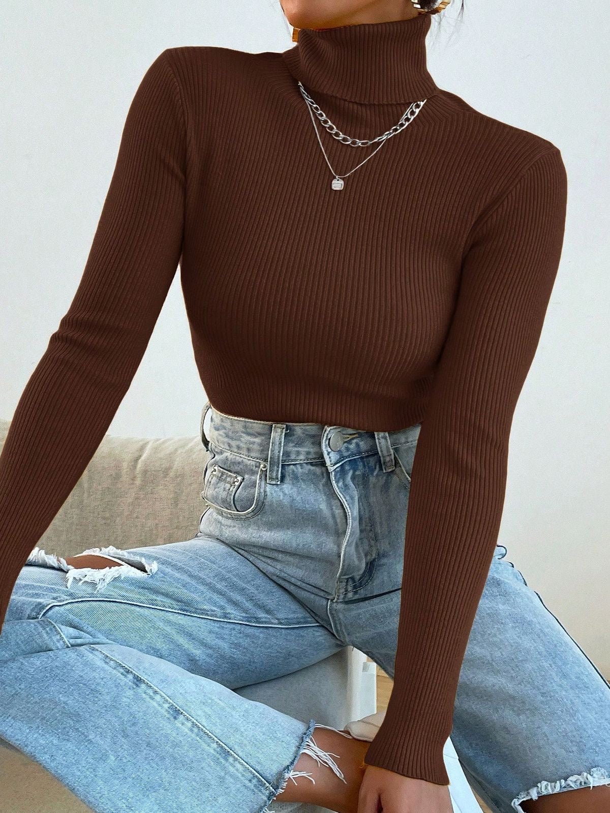 Turtleneck Ribbed Knit Sweater Pullover Jersey XD21