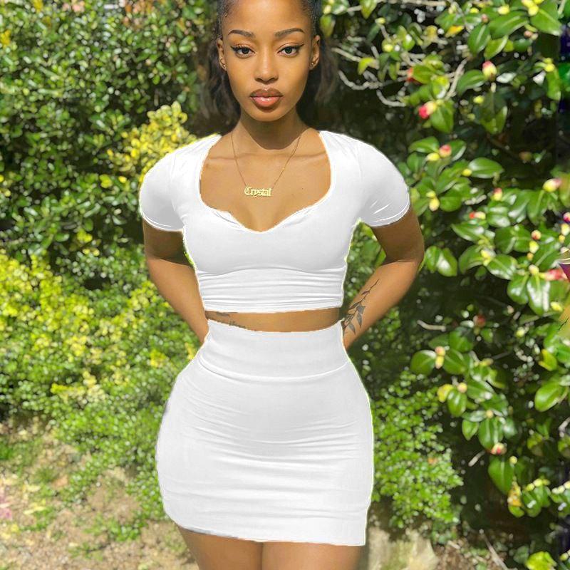 Two Piece Bodycon Mini Skirt and Low Cut Crop Top WHITE XS