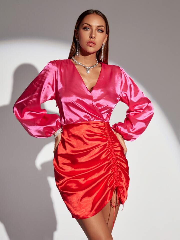 Two Tone Bishop Sleeve Drawstring Satin Dress XD21