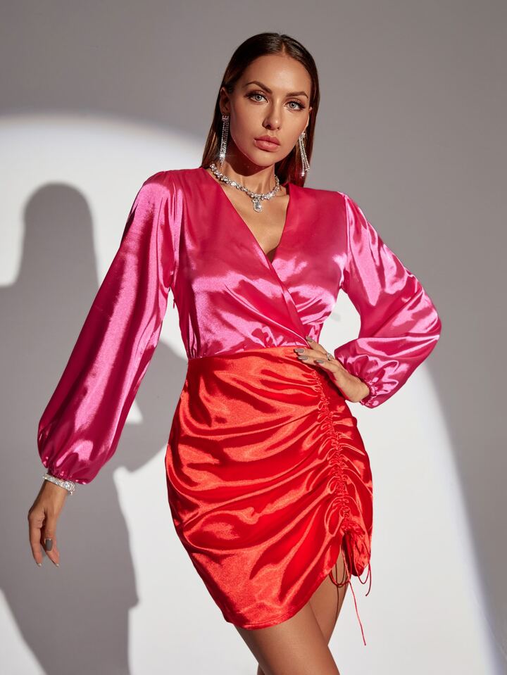 Two Tone Bishop Sleeve Drawstring Satin Dress XD21