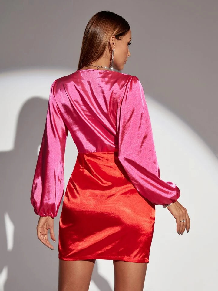 Two Tone Bishop Sleeve Drawstring Satin Dress XD21