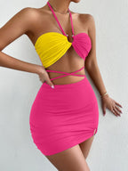 Two Tone Criss Cross Halter Top & Bodycon Skirt Set XD21