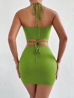 Two Tone Criss Cross Halter Top & Bodycon Skirt Set XD21