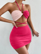 Two Tone Criss Cross Halter Top & Bodycon Skirt Set XD21