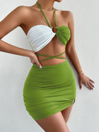 Two Tone Criss Cross Halter Top & Bodycon Skirt Set XD21