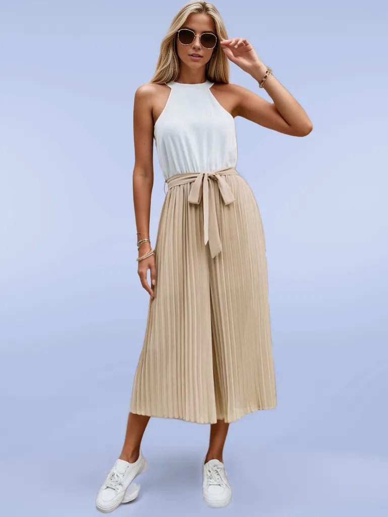 Two Tone Pleated Belted Jumpsuit with black belt XD21