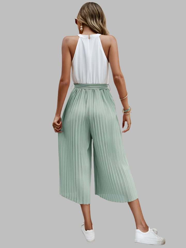 Two Tone Pleated Belted Jumpsuit with black belt XD21