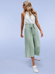 Two Tone Pleated Belted Jumpsuit with black belt XD21