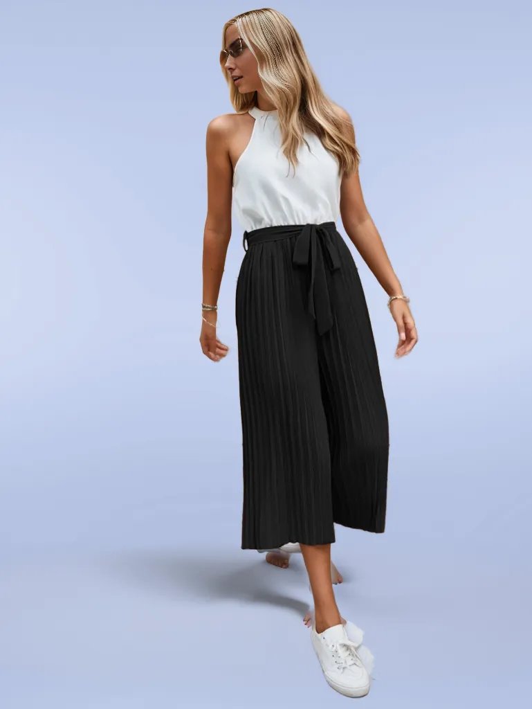 Two Tone Pleated Belted Jumpsuit with black belt XD21