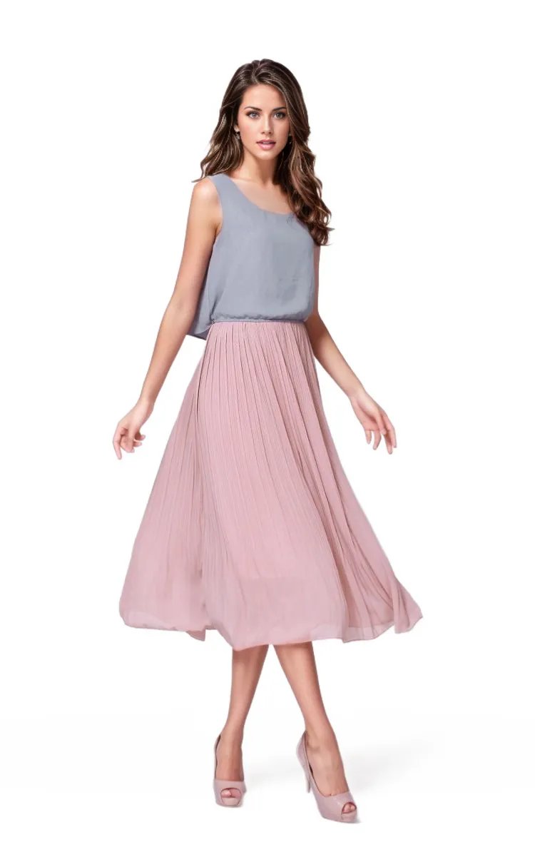 Two Toned Pleated Salmon Chiffon Midi Dress XD21