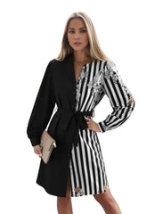 Two Toned Stripe Solid Floral Long Sleeve Dress XD21