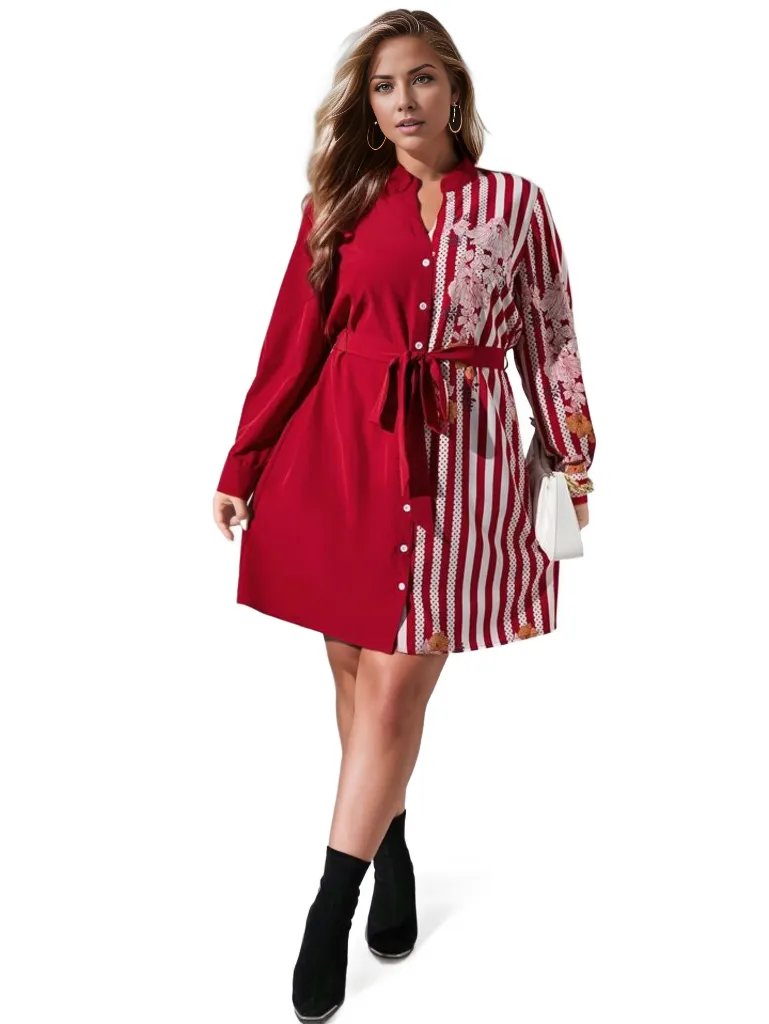 Two Toned Stripe Solid Floral Long Sleeve Dress XD21