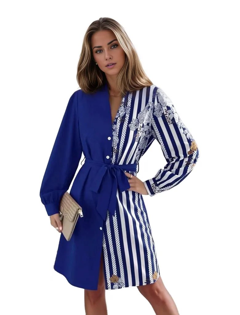 Two Toned Stripe Solid Floral Long Sleeve Dress XD21