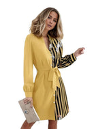 Two Toned Stripe Solid Floral Long Sleeve Dress XD21